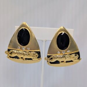 Vintage 90s Luxury Matte Gold Clip Ons Leopard Jaguar Cat Earrings Blk Enamel